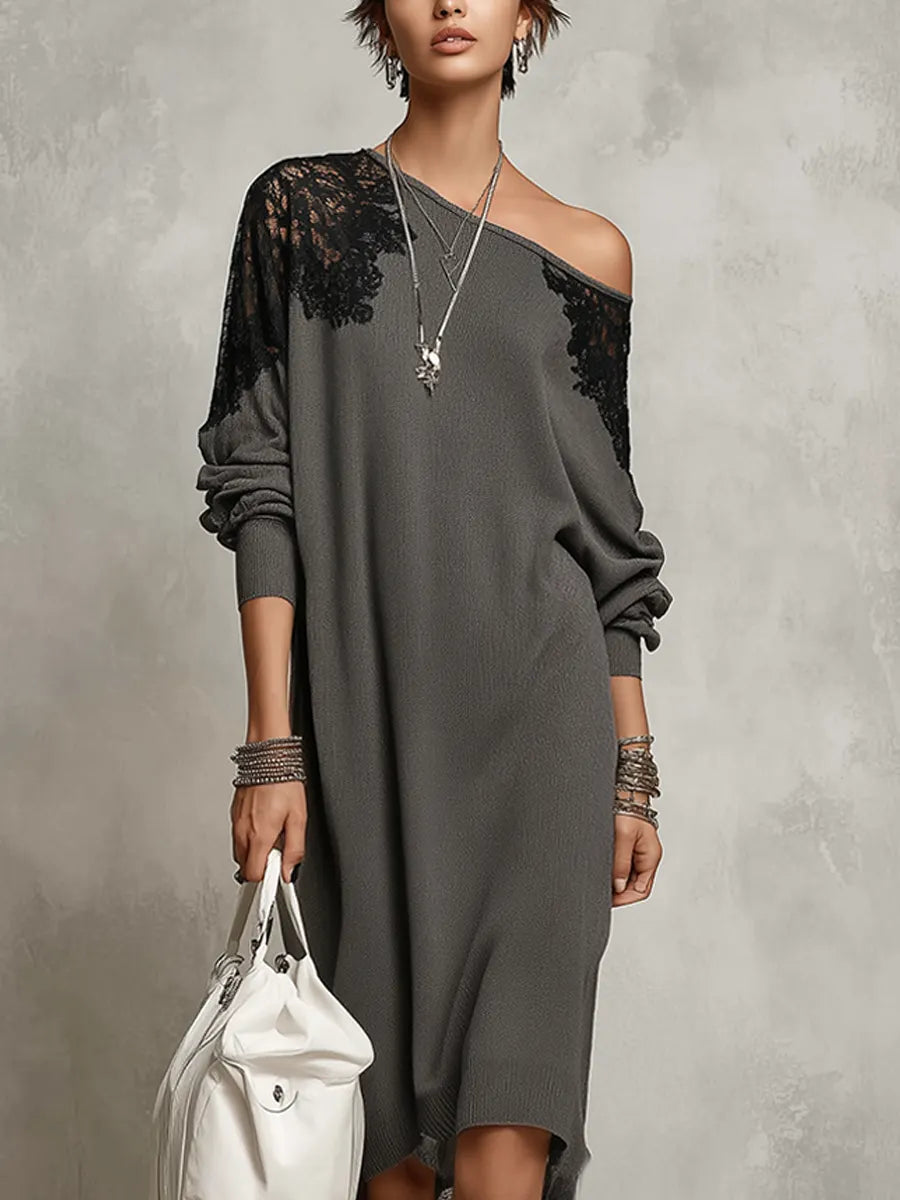 Bohemian Charcoal Gray Lace-trimmed Knit Dress