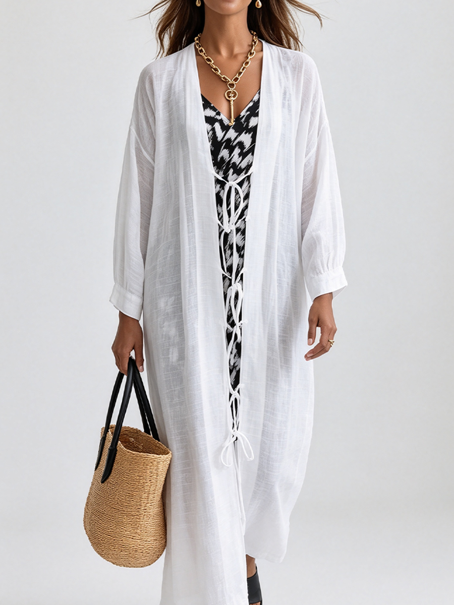Resort Lightweight Linen Gauze Tie-Front Cover-Up Dress
