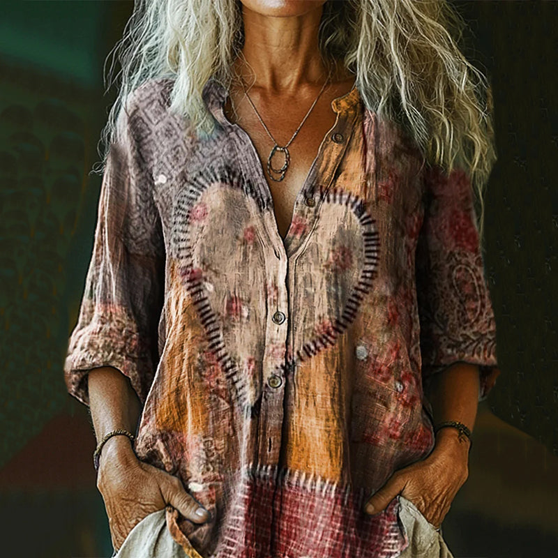 Women's Vintage Heart Art Print Shirt