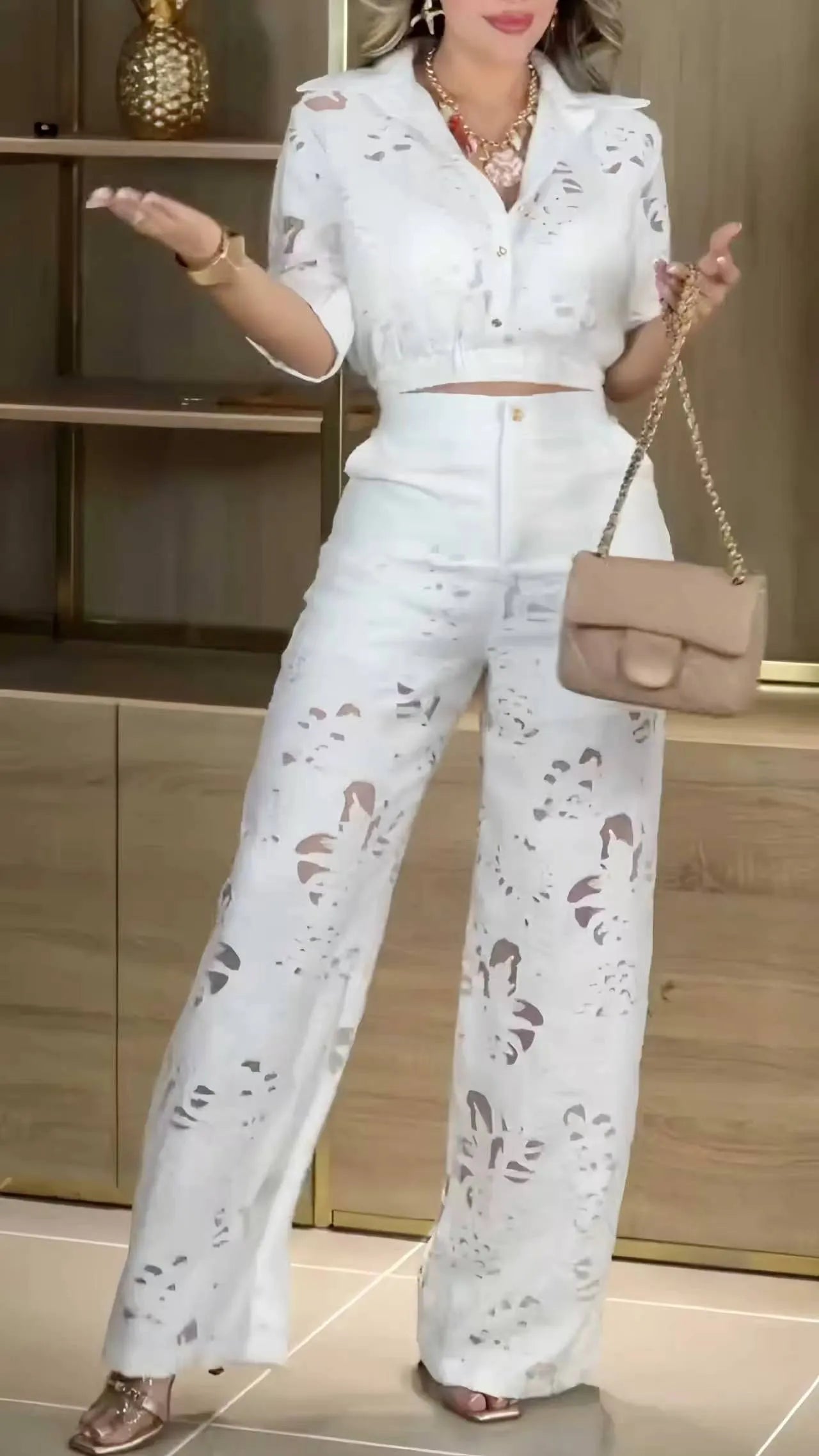 Cutwork Lace Crop Shirt & Wide‑Leg Pants Co‑Ord Set