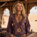 Mysterious Moon Tie-dyed V-neck Linen Embroidered Top
