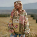 Women's Vintage Floral Patchwork Zipper Casual Hooded