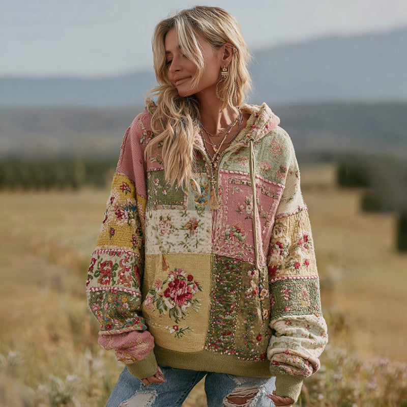Women's Vintage Floral Patchwork Zipper Casual Hooded
