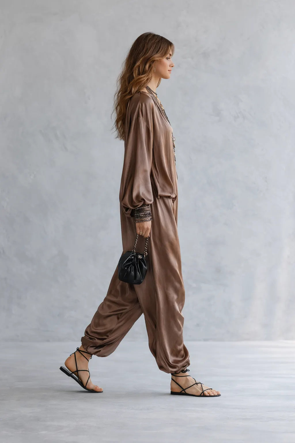Champagne Satin Oversized Kaftan Jumpsuit With Batwing Sleeves