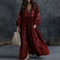 Women's Vintage Floral Art Print Flowy Linen Blend Casual Long Sleeve Maxi Dress