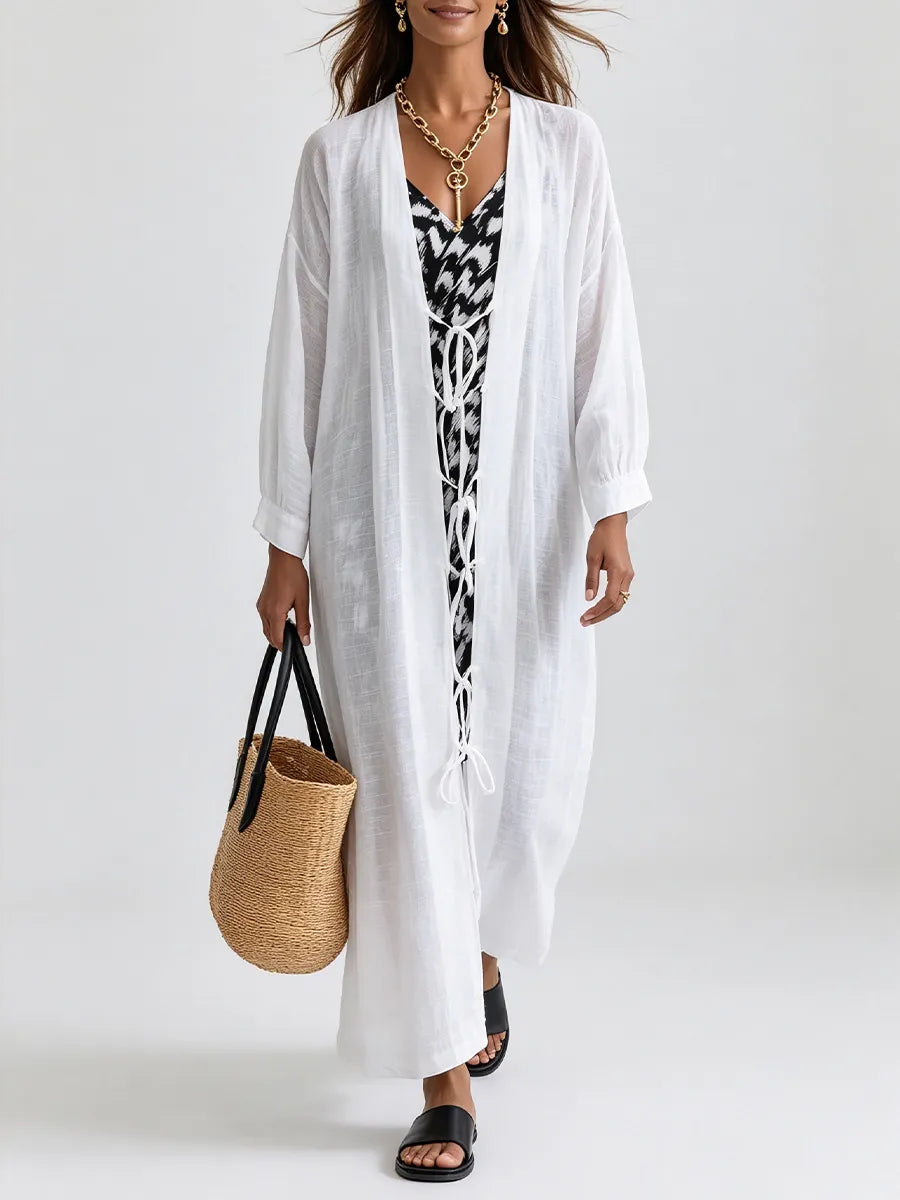 Resort Lightweight Linen Gauze Tie-Front Cover-Up Dress