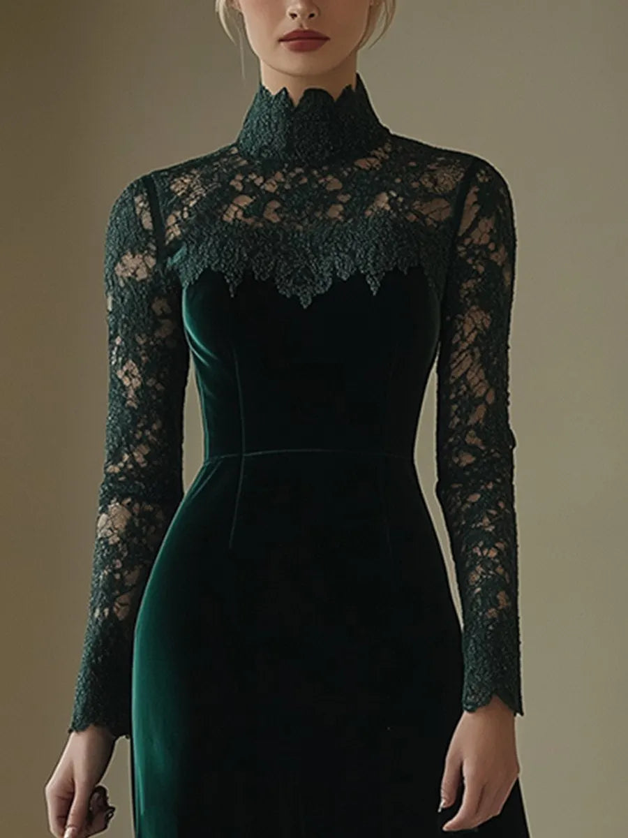 [24-hour shipping out]Elegant Retro Velvet Stitching Lace High Collar Long Sleeve Midi Dress
