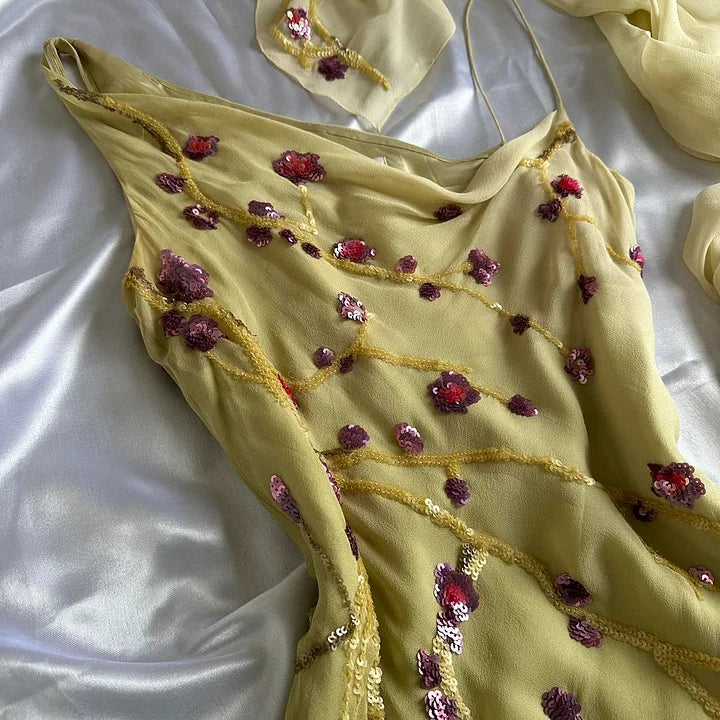 Yellow Green gorgeous exquisite vintage embroidered spaetti strap long ball gown prom dress evening gown