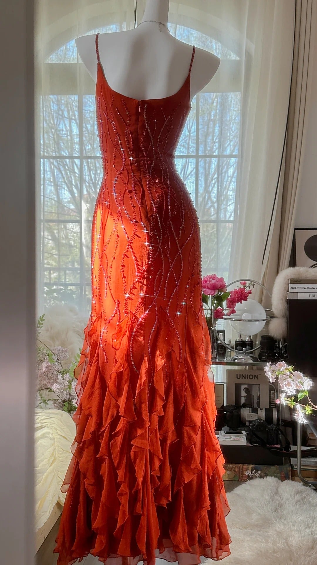 Vintage Evening Dresses, Orange Mermaid Sleeveless Long Party Gowns  25529
