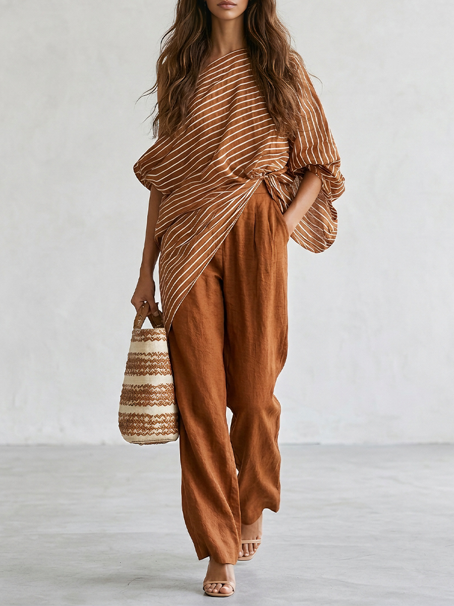 Contrast Stripe Oversized Top & Solid Palazzo Pants Two-Piece Set