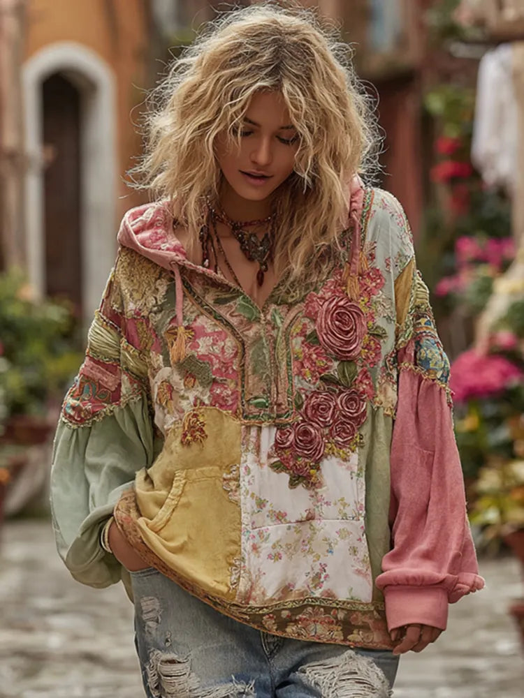 Women's Bohemian Floral And Rose Patchwork Cozy Warm Hoodie
