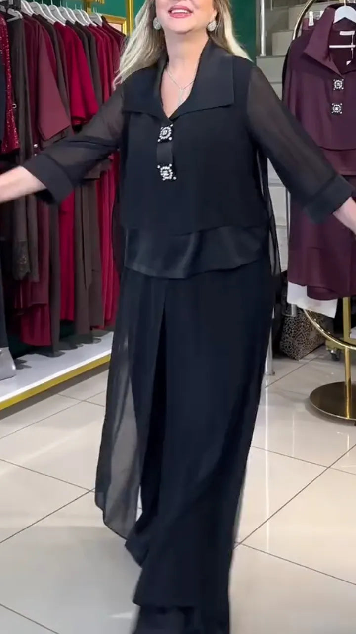 Black Sheer Chiffon Wide Leg Pants Set