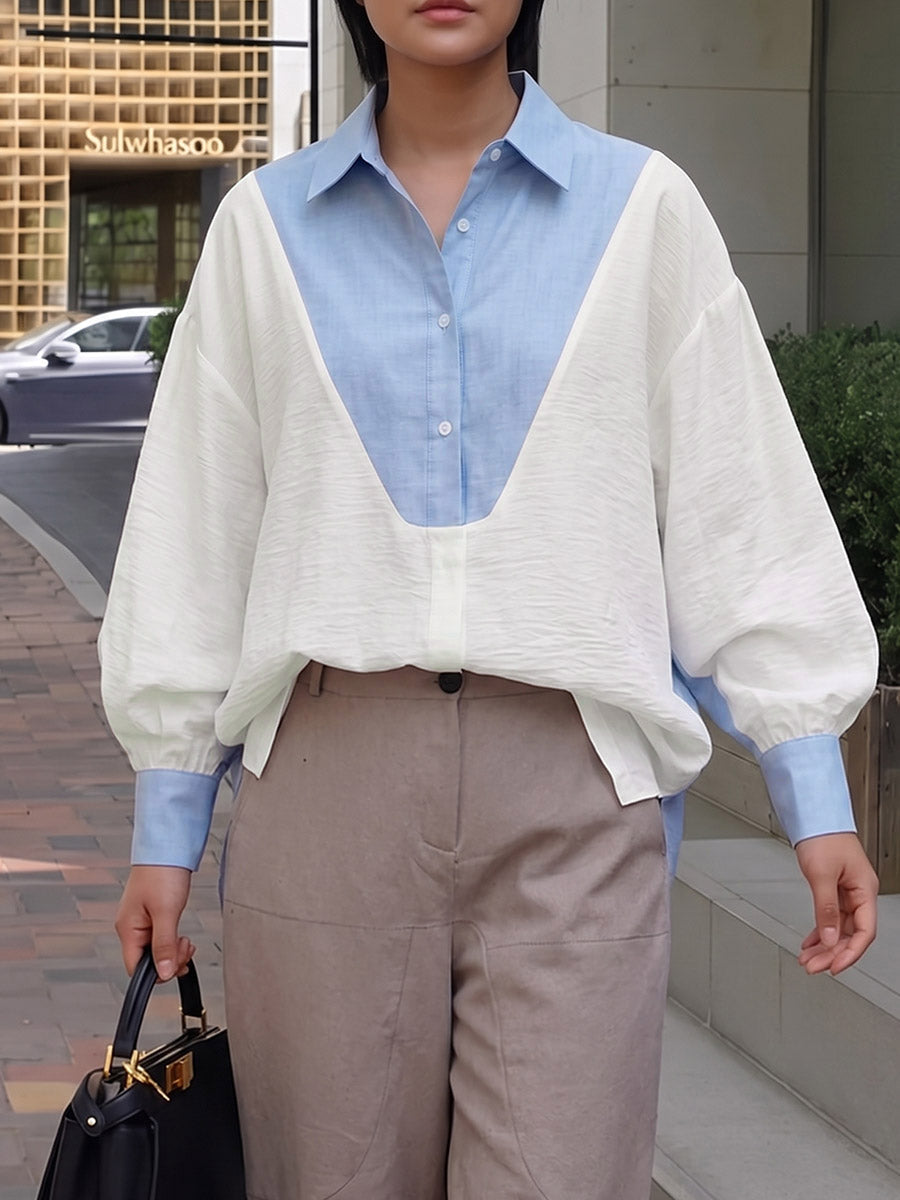Split-Joint Contrast Color Buttoned Loose Long Sleeves Lapel Blouses&shirts Tops