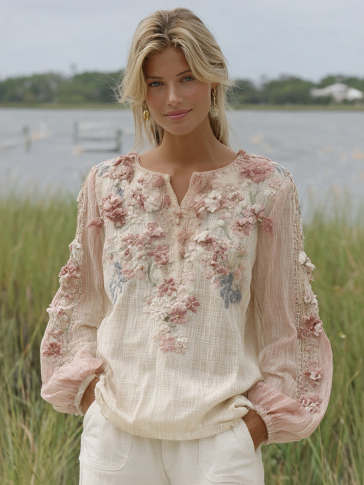 Women's Floral Embroidery Casual V-neck T-shirt