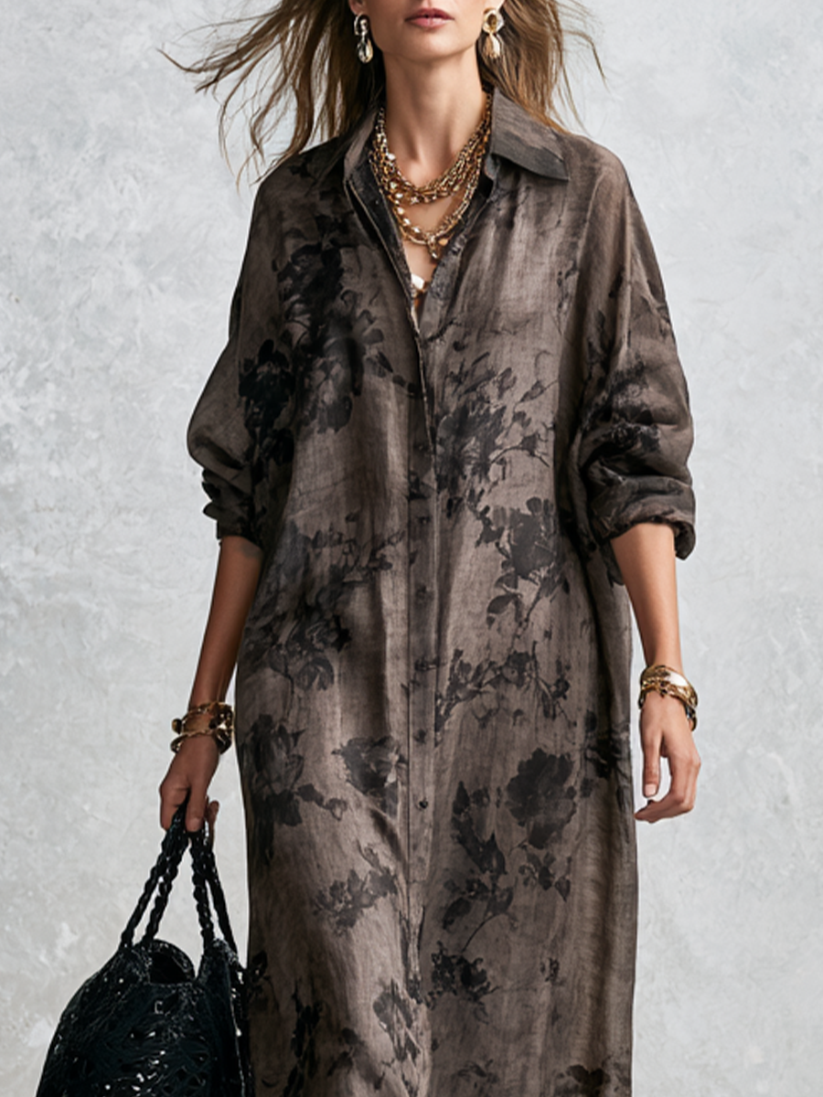 Bohemian Gray Floral Shirt Dress