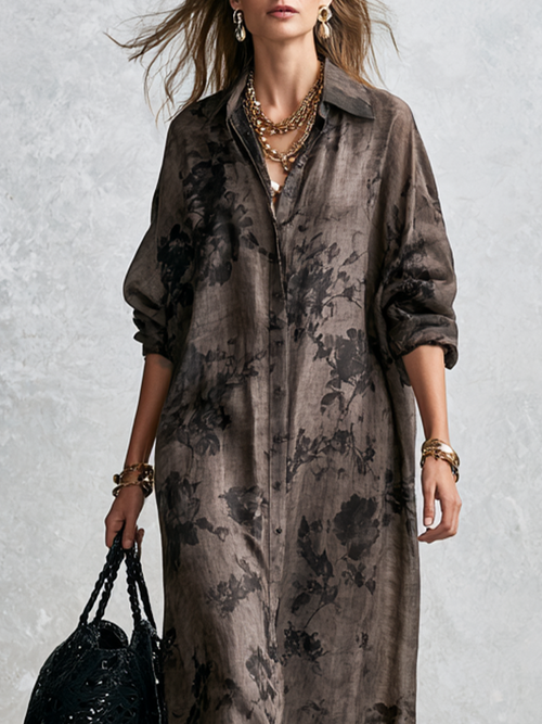 Bohemian Gray Floral Shirt Dress