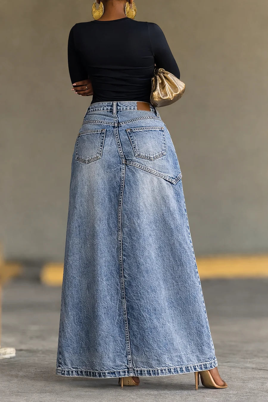 High Waist Asymmetric Wrap Denim Maxi Skirt,