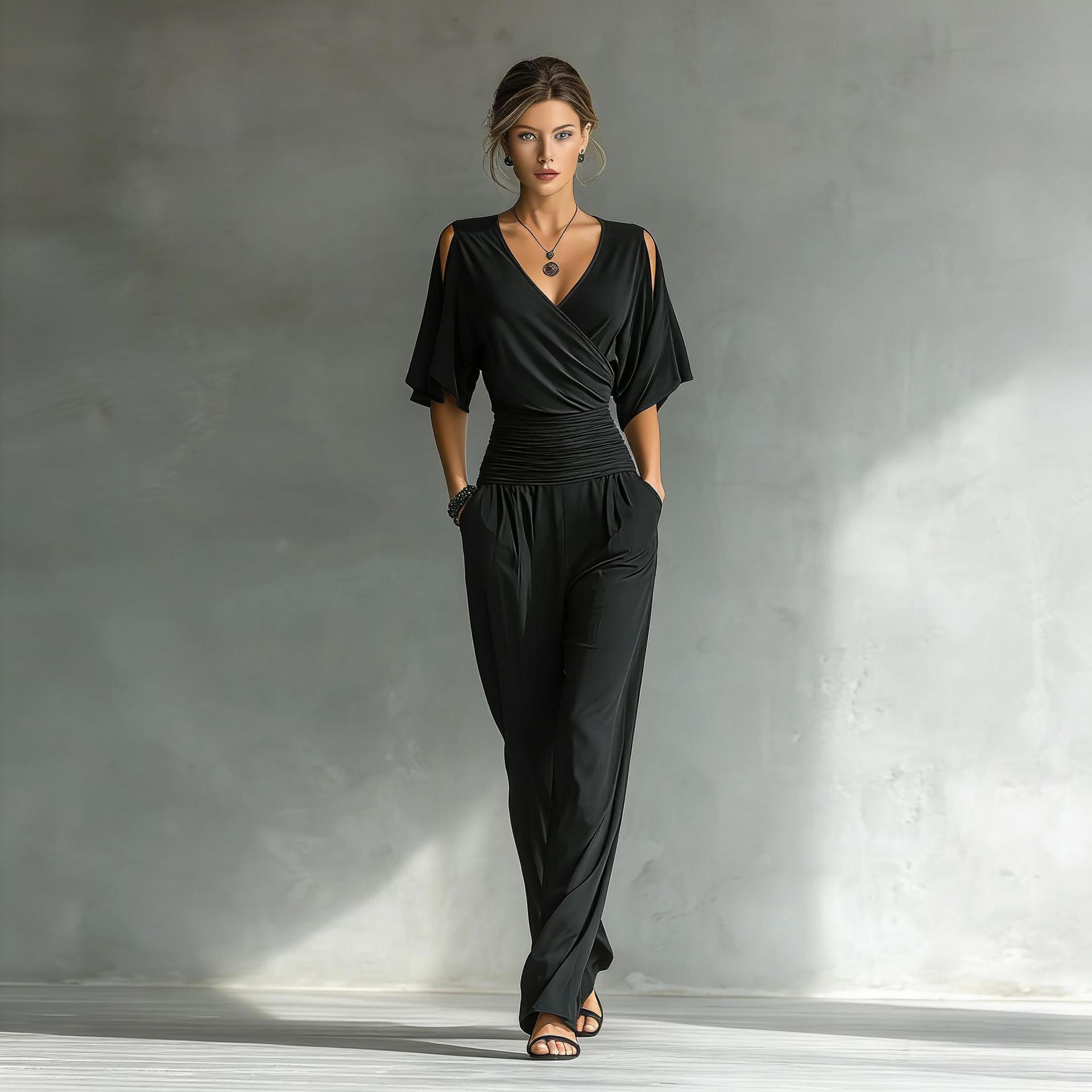 French Chic Wrap V-Neck Jumpsuit - Elegant Ruched Waist Wide-Leg Romper with Shoulder Cut-outs