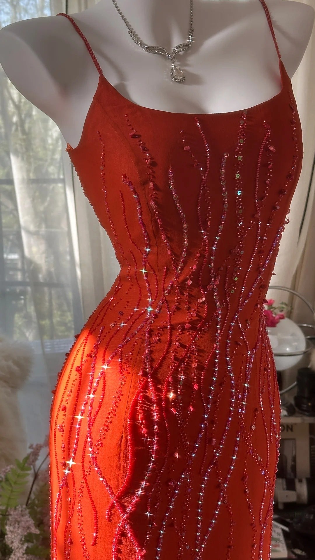 Vintage Evening Dresses, Orange Mermaid Sleeveless Long Party Gowns  25529