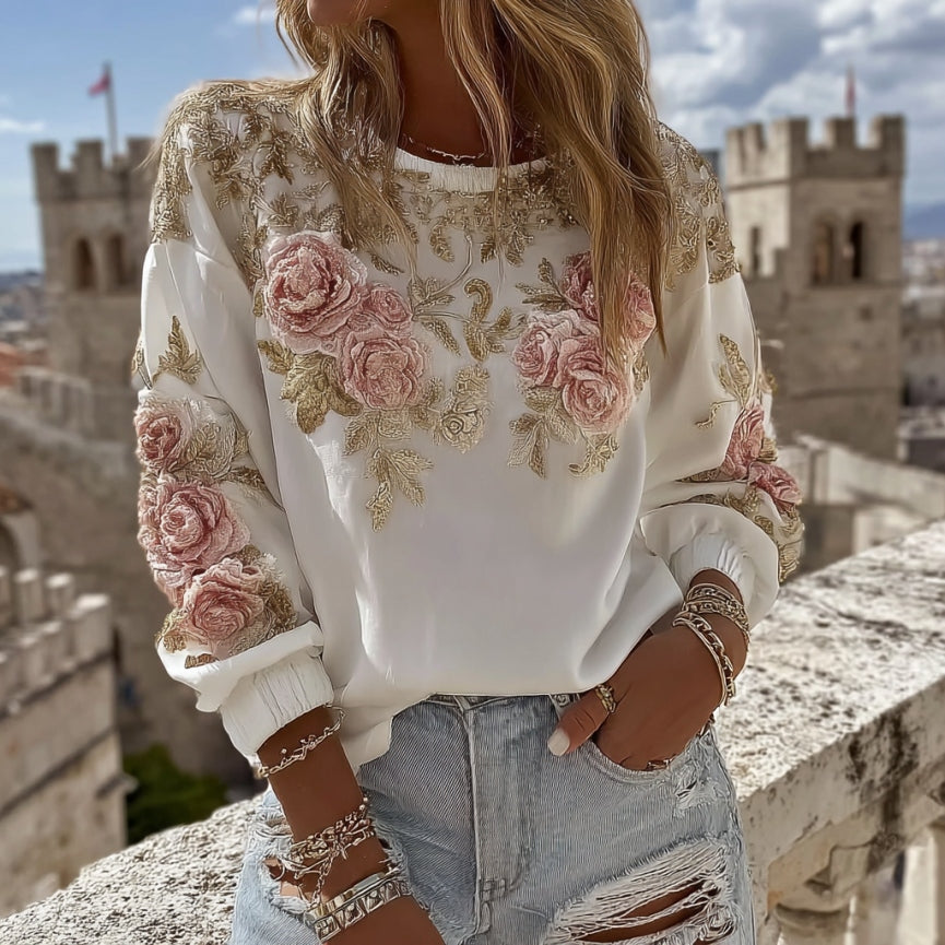 Women's Pink Rose Embroidery Art Round Neck Casual Sweatshirt