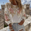 Women's Pink Rose Embroidery Art Round Neck Casual Sweatshirt