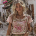 Women's Vintage Floral Pattern Crew Neck T-shirt