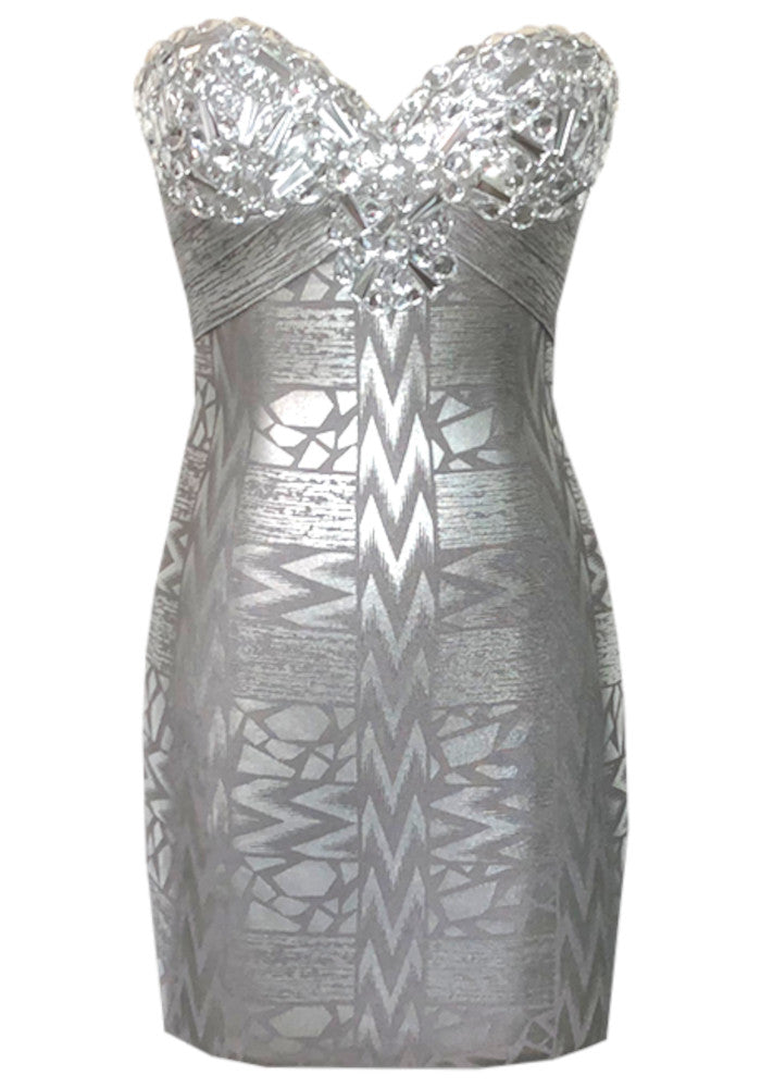 Strapless Crystal Bustier Woodgrain Foil Print Dress Silver