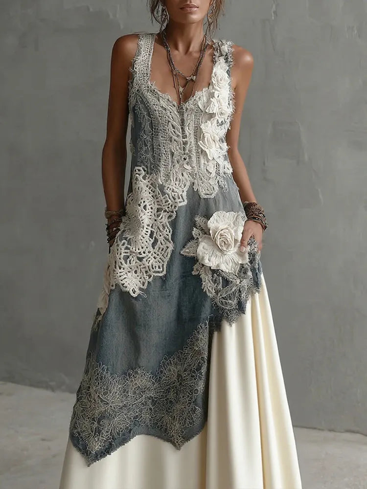 Women's White Rose Embroidered Gradient Casual Sleeveless Dress