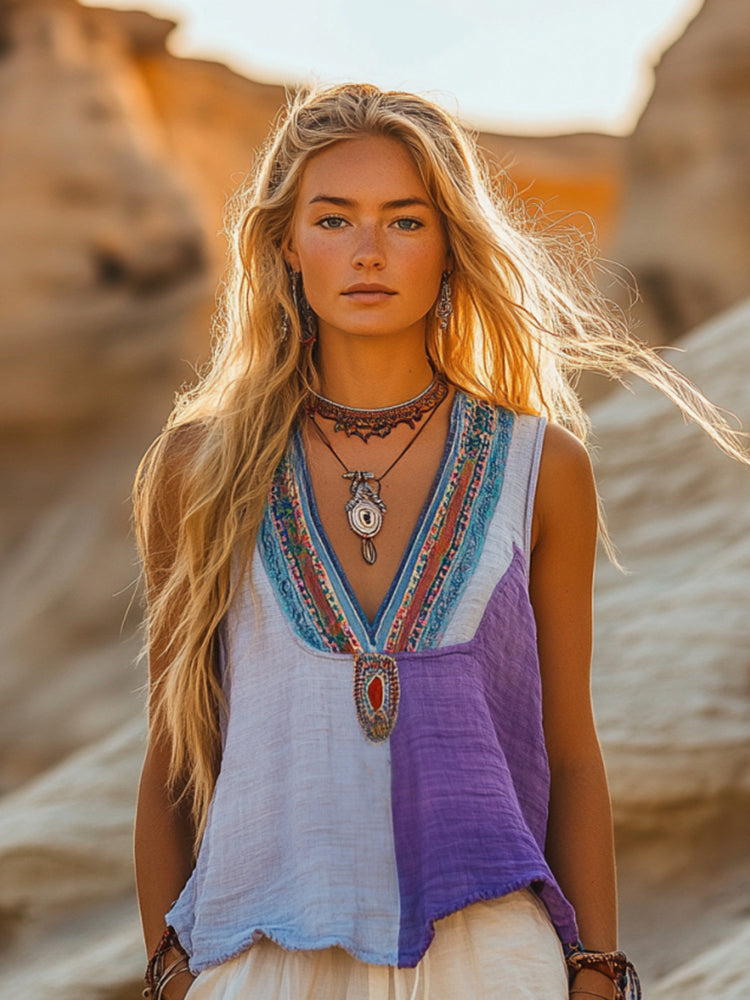 Women's Loose Bohemia Ethnic Style Linen Sleeveless Top