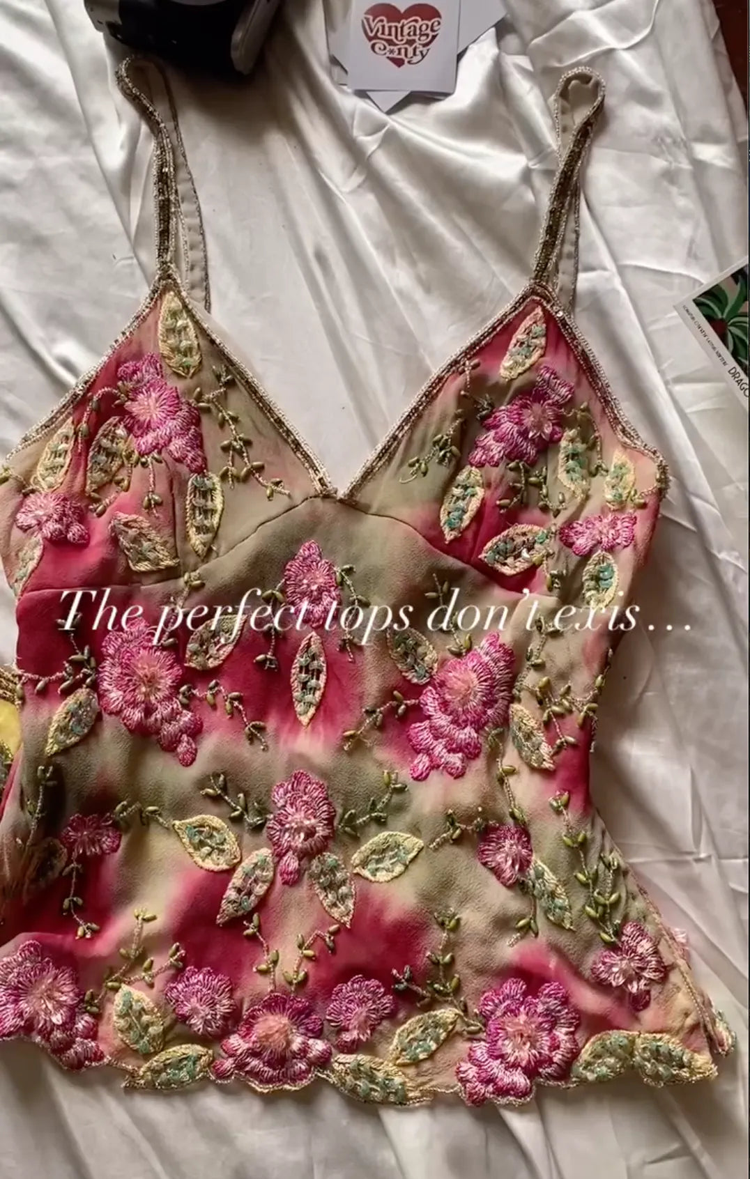 Pink/Green Retro Floral Beaded Camisole