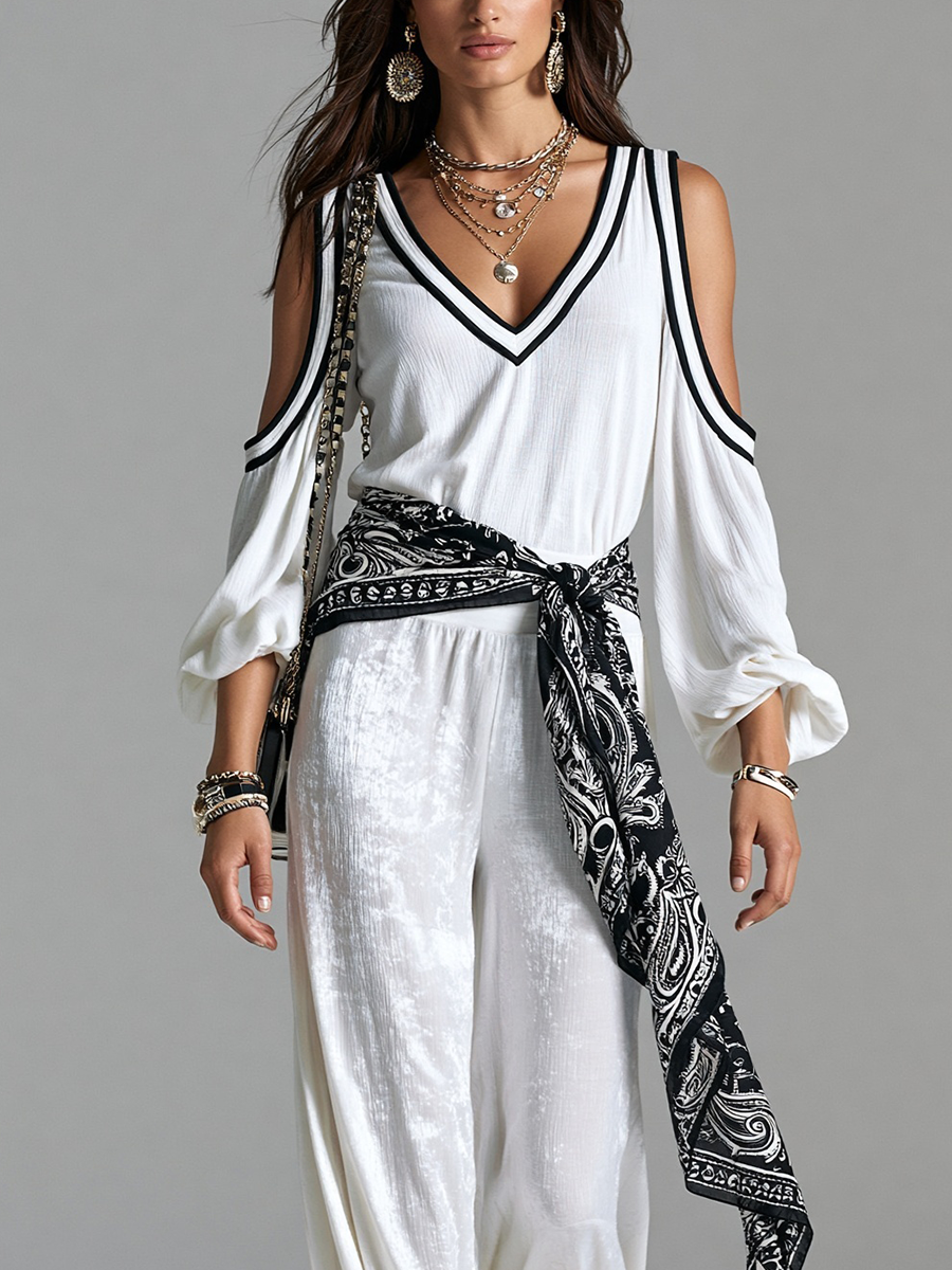Bohemian White Off The Shoulder Top And Glossy Trousers Set