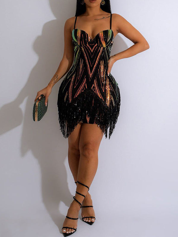 Shiny Tasseled Sleeveless Spaghetti-Neck Mini Dresses