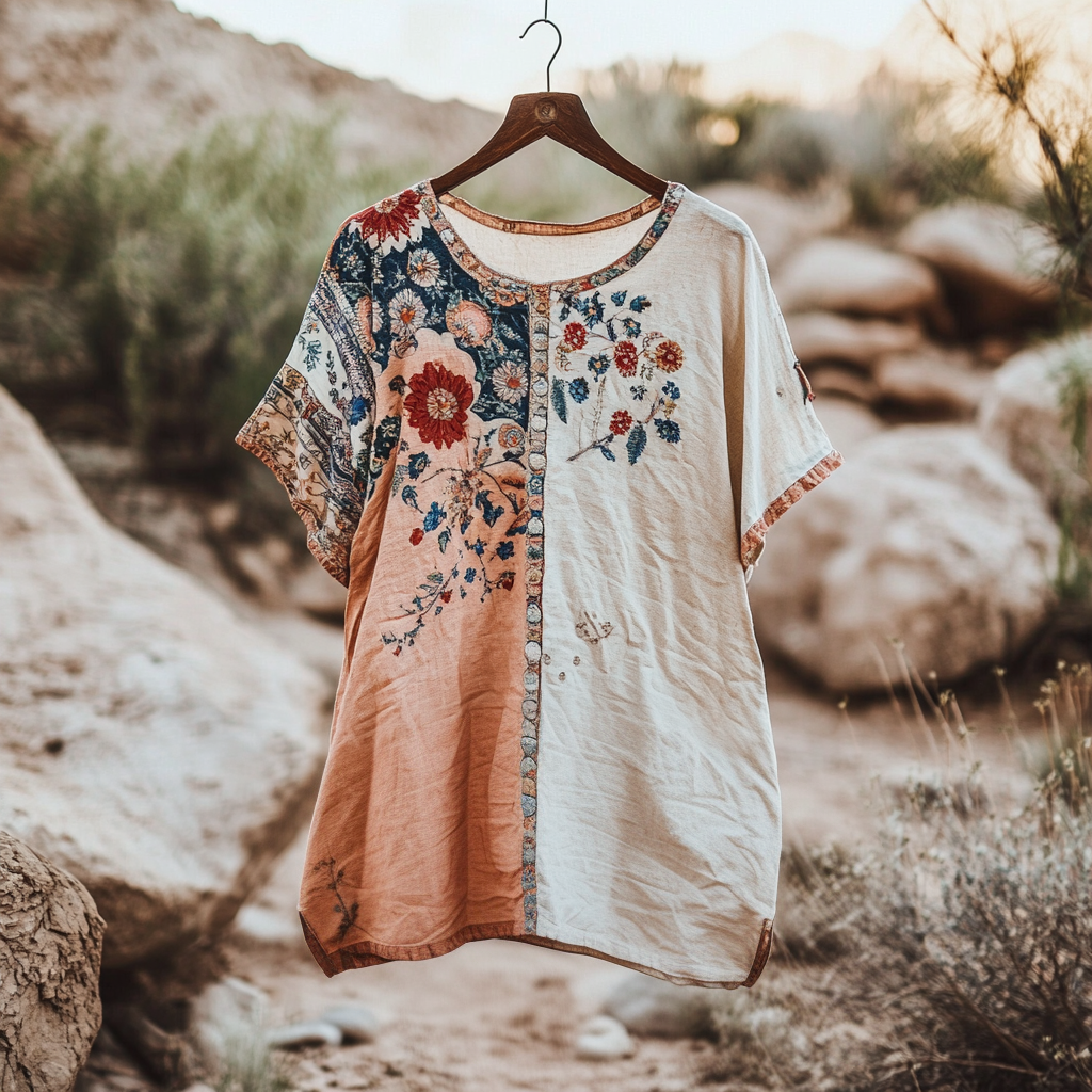 Women's Vintage Tribal Floral Stitching Cotton And Linen Shirt 473e