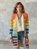 Bohemian Chic Crochet Open-Front Striped Rainbow Longline Cardigan