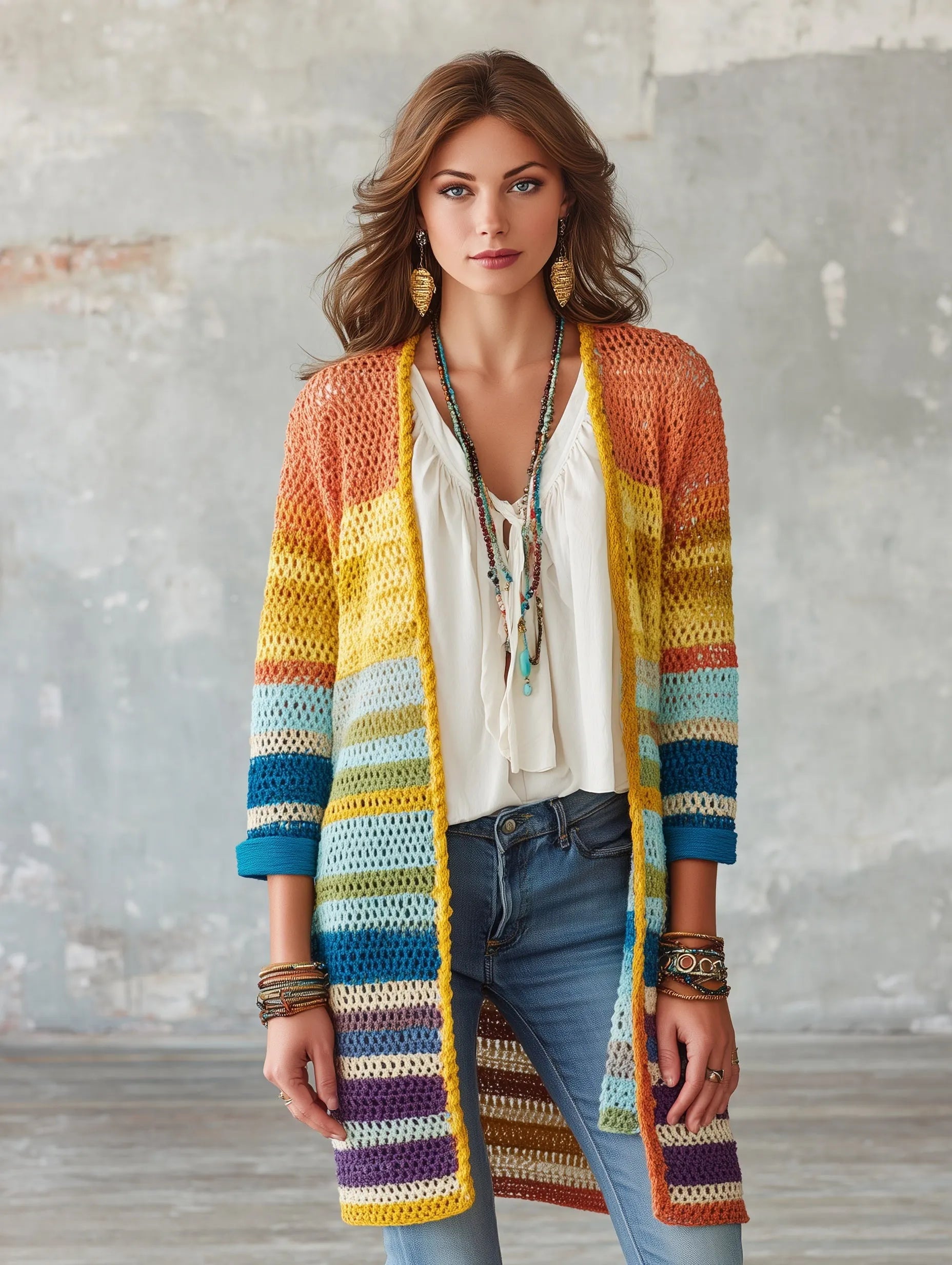 Bohemian Chic Crochet Open-Front Striped Rainbow Longline Cardigan