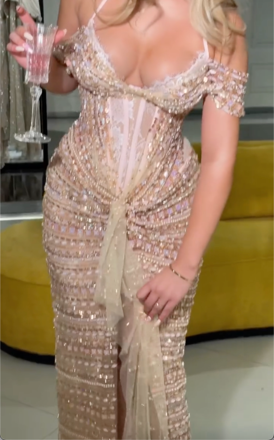 Off Shoulder Spaghetti Strap Corset Sequin Rhinestone Mermaid Evening Gown, Champagne High Front Slit Ruched Sheer Formal Dress