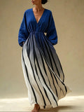 Women's Casual Loose Cotton-linen Dress With V-neck Long Sleeves And Placement Print