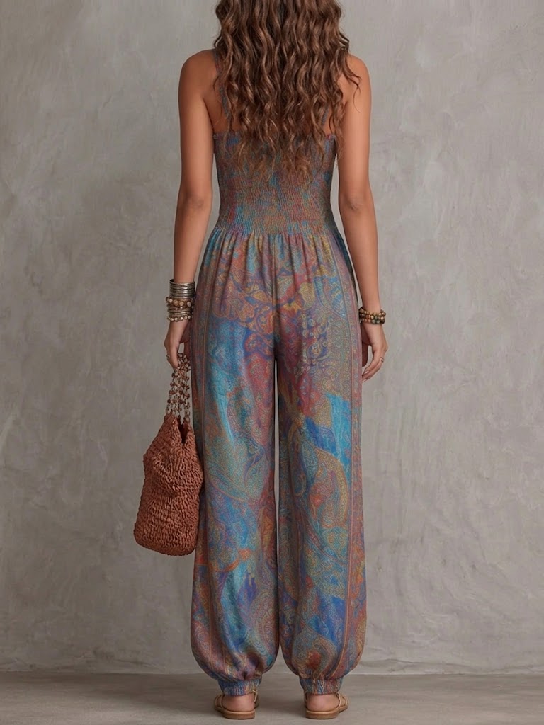 Retro Bohemian Paisley-print Linen And Cotton Strappy Jumpsuit