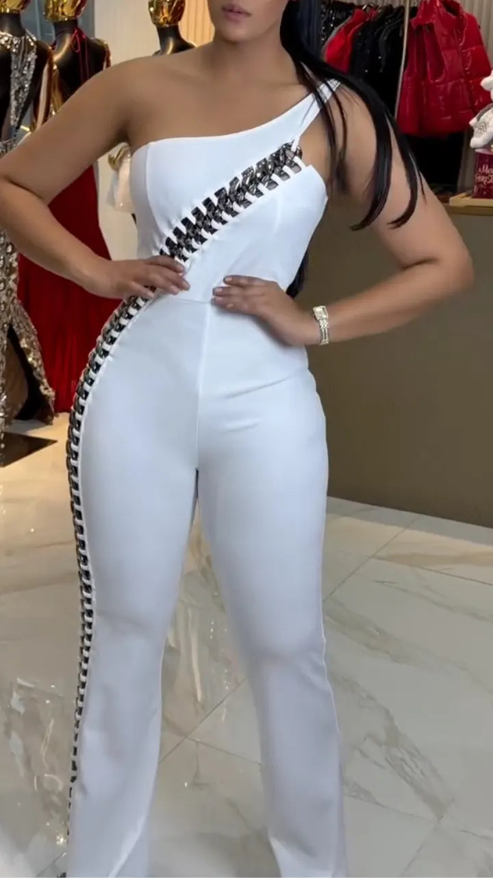 Chain Detail High Waist Flare Leg Jumpsuit