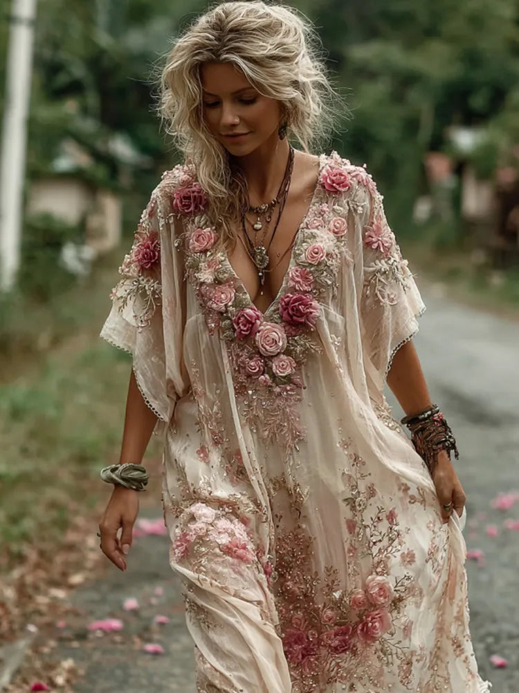 Vintage Floral Embroidery Short-sleeved Dress