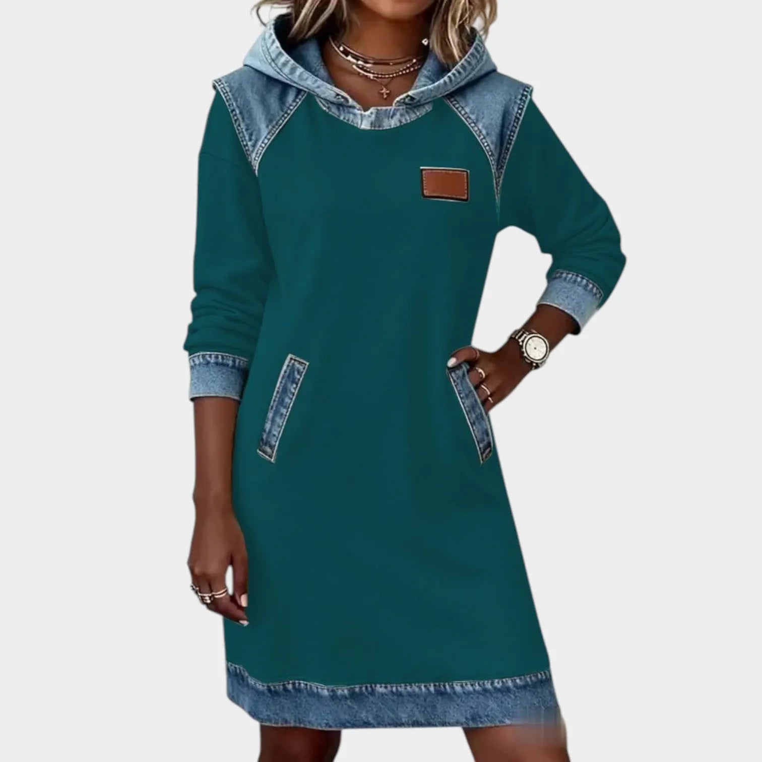 Casual Denim Trim Hoodie Dress