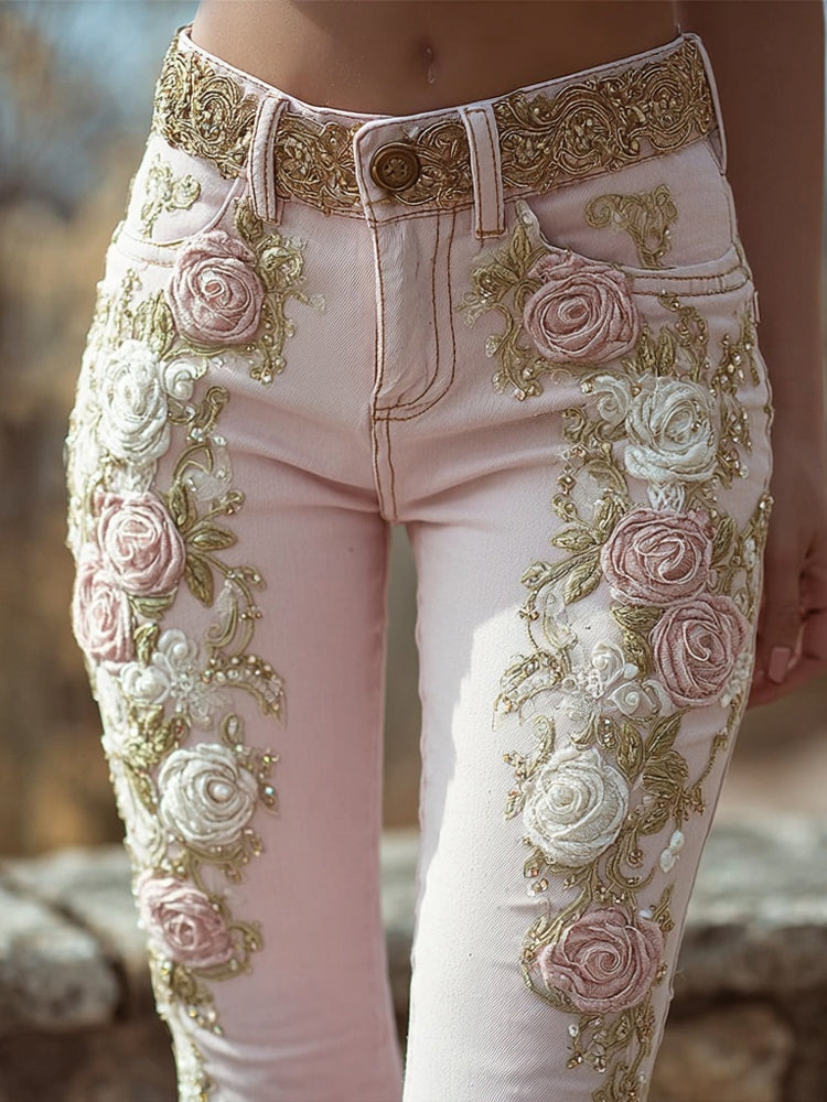 Vintage Boho Roses Embroidered Pink Skinny Jeans