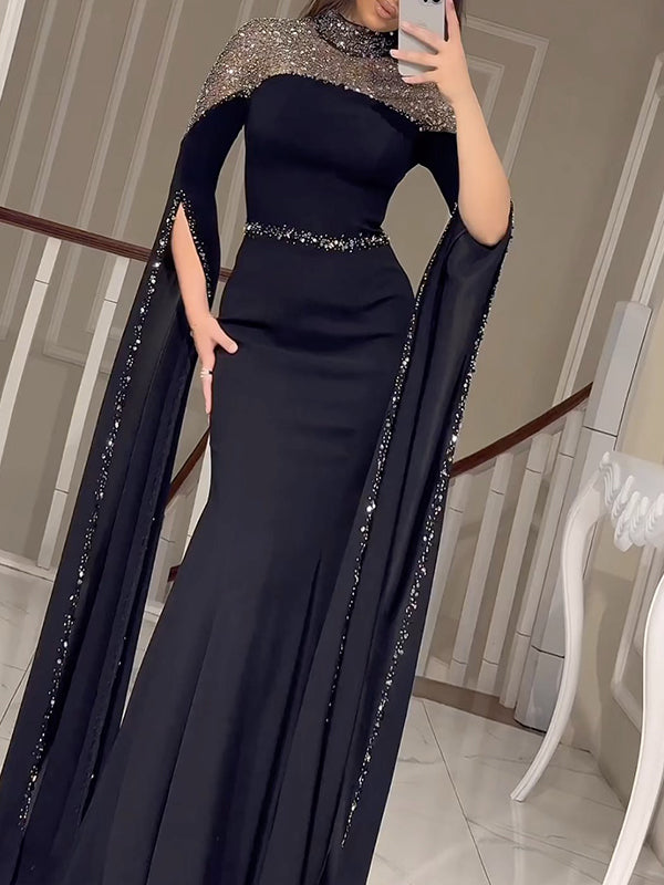 Paneled Shiny Long Sleeves V-neck Maxi Dresses