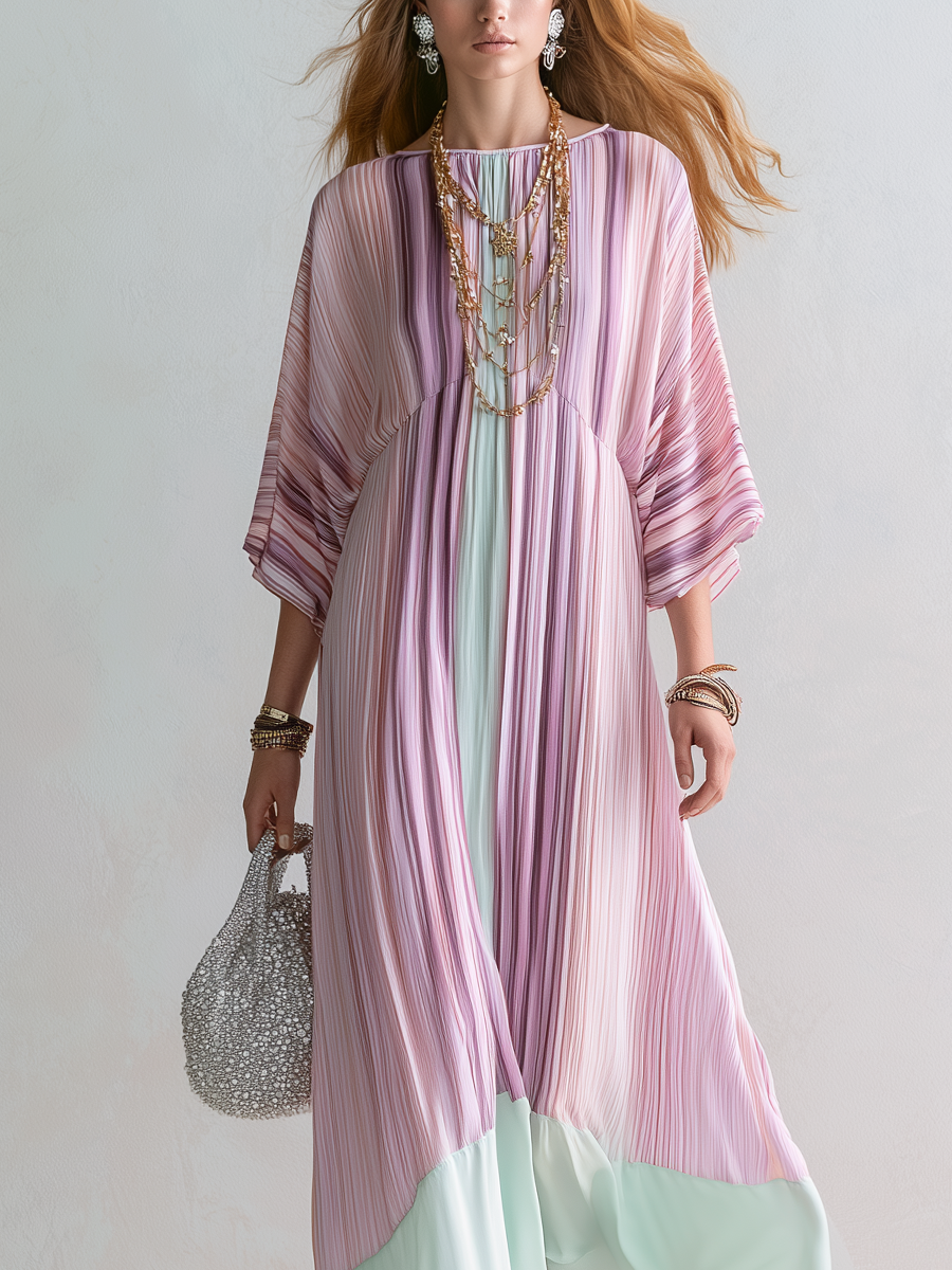 Bohemian Pink Striped Color Blocked Maxi Dress