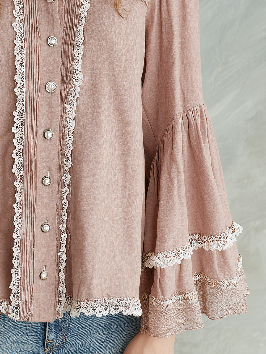 Delicate Blush Lace Trim Ruffle Blouse