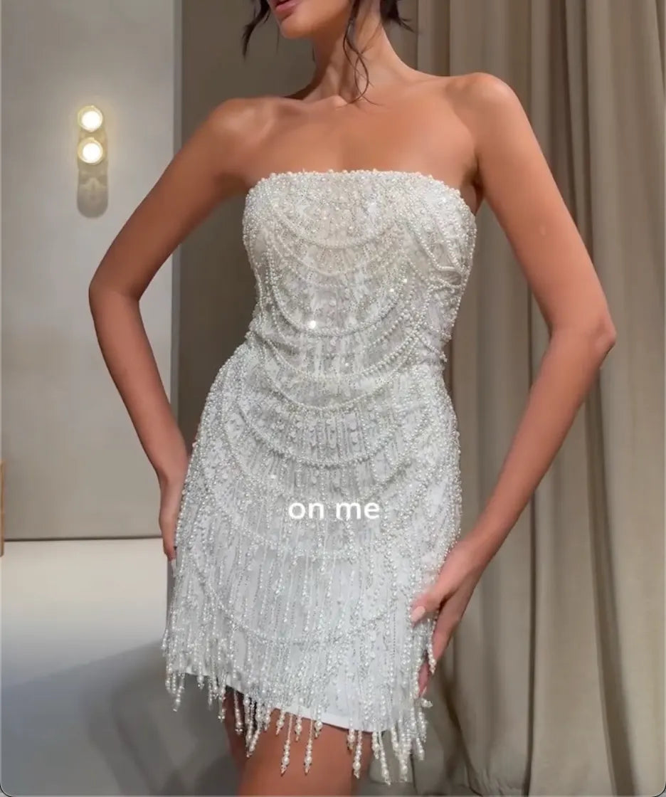 White Strapless Pearl Beaded Fringe Mini Dress Bodycon Short Party Dress for Reception Bachelorette Club Evening