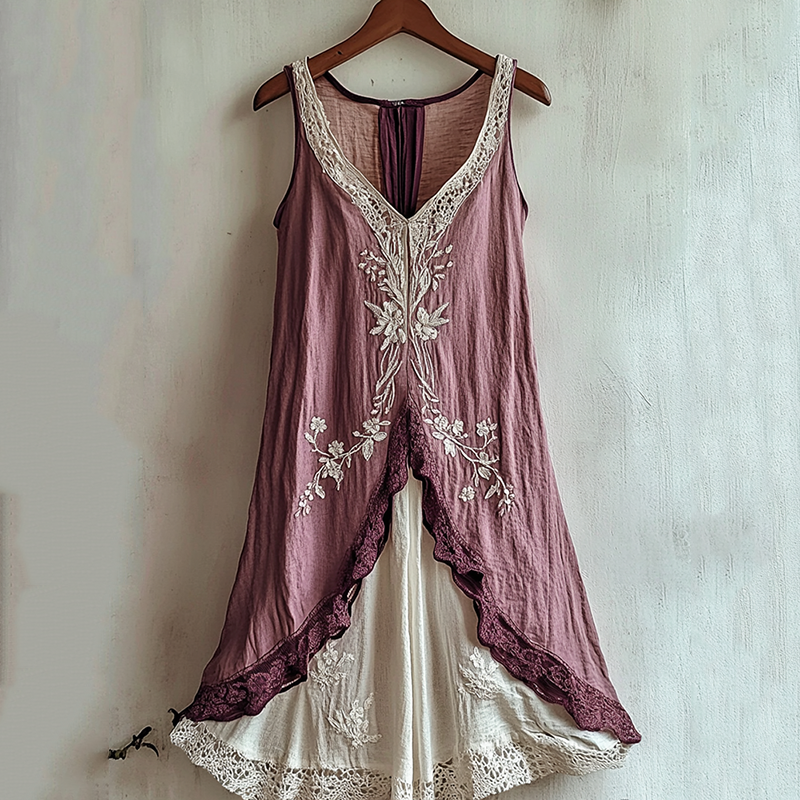 Women's Cherry Blossom Lace Art Linen Tank Dress