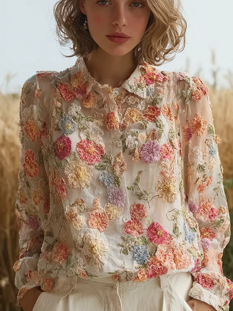 Bohemian Style 3d Plant Flower Pattern Cotton Linen Shirt
