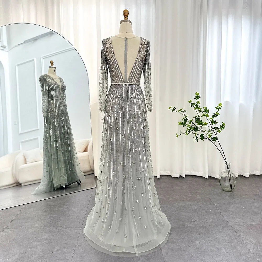 Dreamy Vow Luxury Dubai Gold Silver Evening Dress Long Sleeve Arabic Muslim Formal Prom Dresses for Women Wedding Party 126