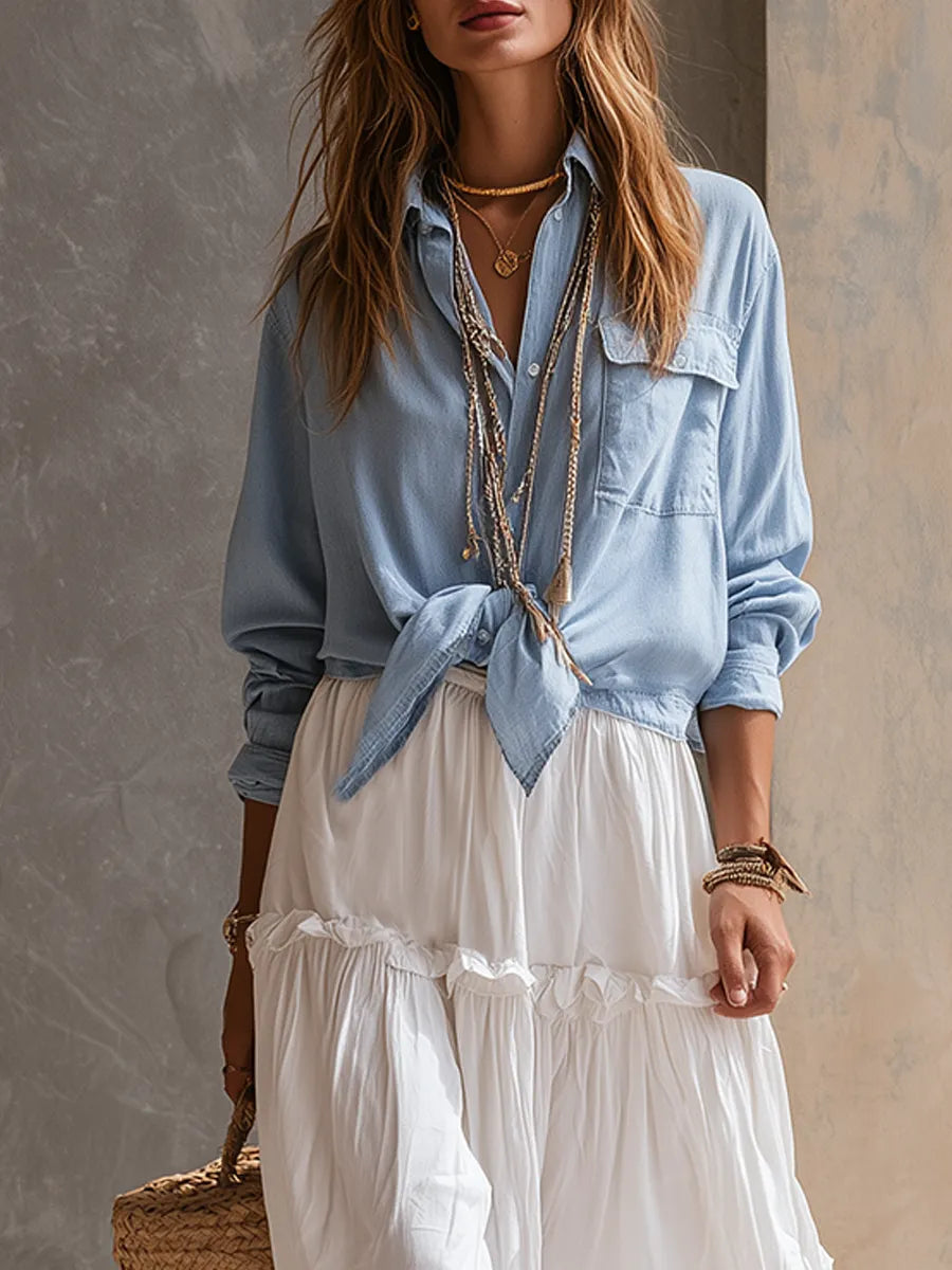 Coastal Style Sky Blue Shirt And White Skirt Suit